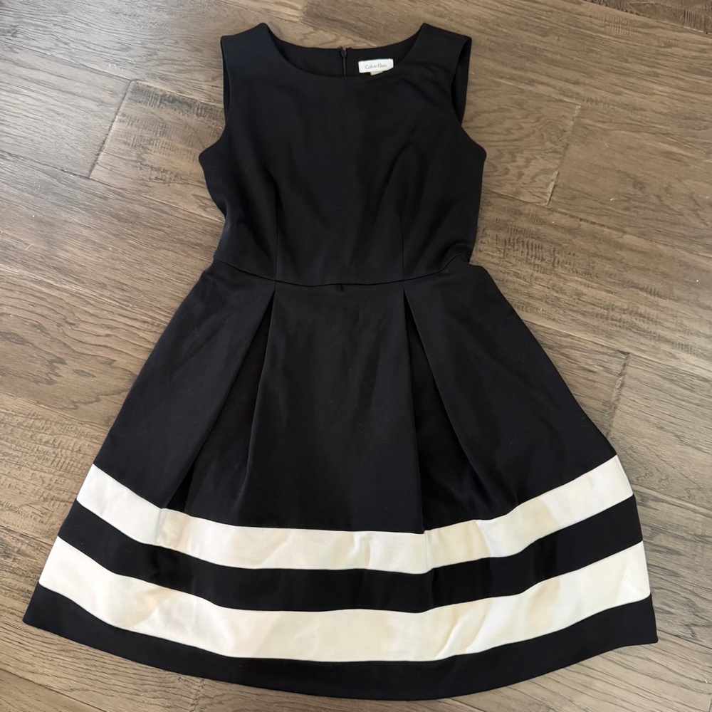 Calvin Klein Sz 8 Black Sleeveless‎ Dress Belted Fit Flare A Line Womens